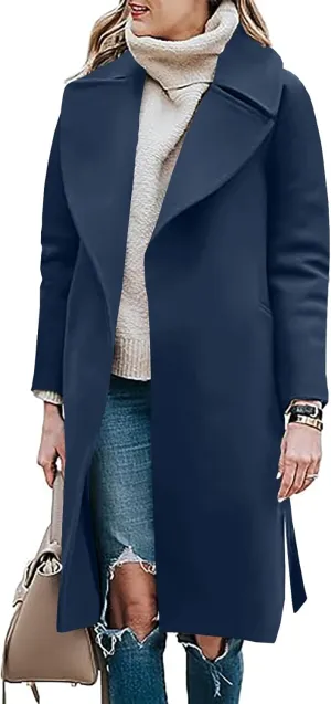 BZB Women's Long Wool Blend Pea Coat Winter Casual Overcoat Notched Lapel Collar Trench Coat Belted Long Jacket Outerwear