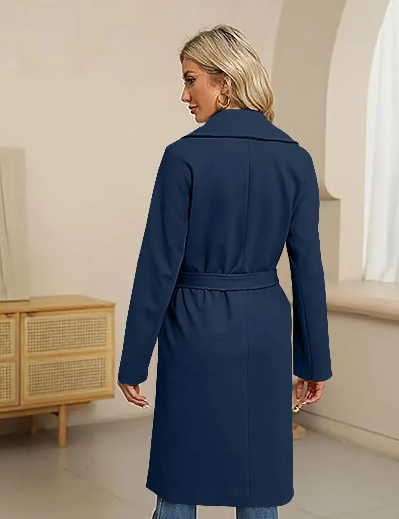 BZB Women's Long Wool Blend Pea Coat Winter Casual Overcoat Notched Lapel Collar Trench Coat Belted Long Jacket Outerwear