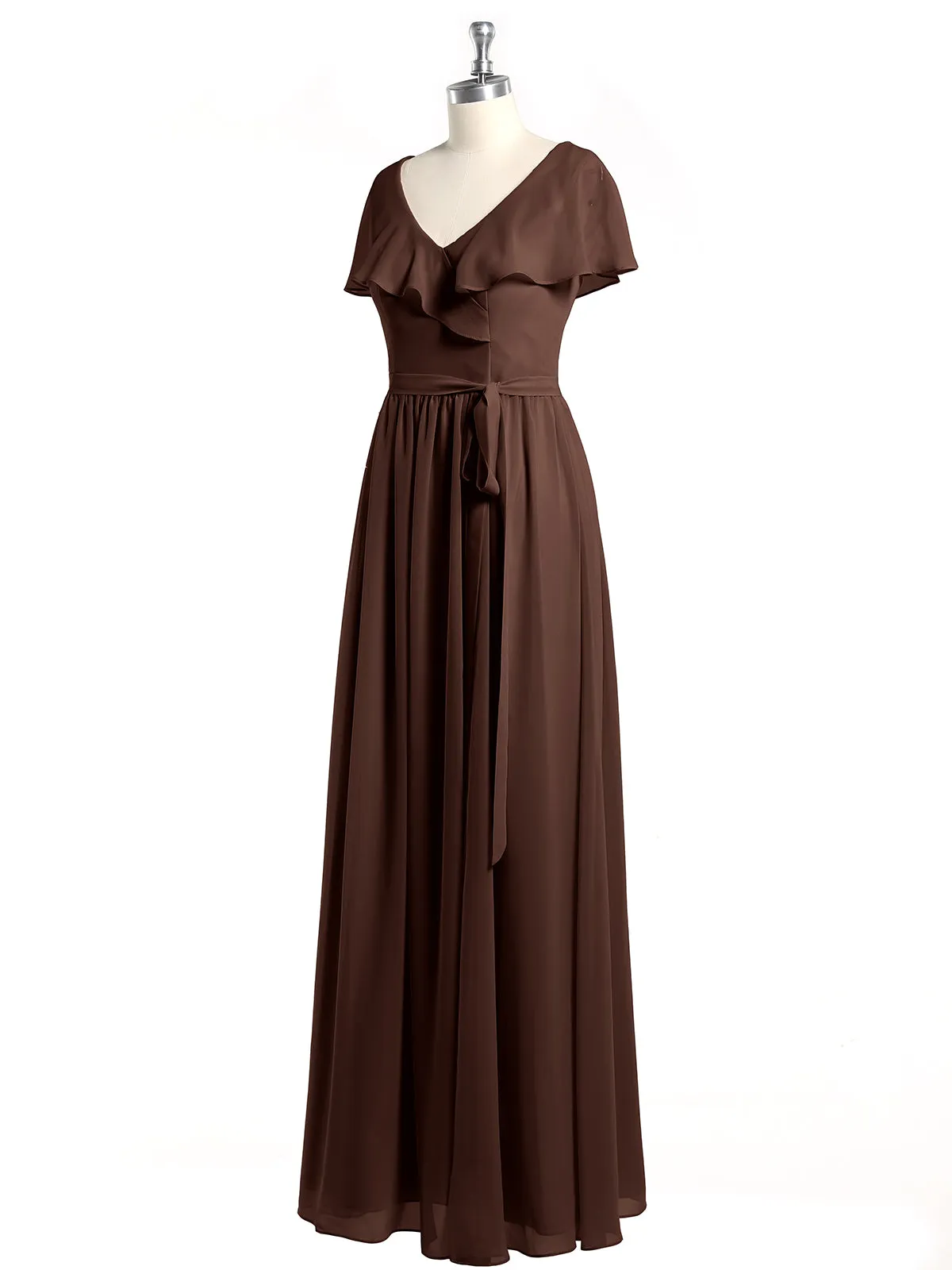Cap Sleeves Long Chiffon Dresses with Slit-Chocolate Plus Size