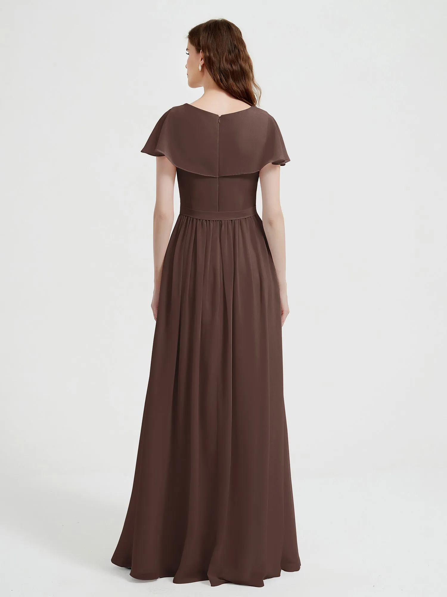 Cap Sleeves Long Chiffon Dresses with Slit-Chocolate Plus Size