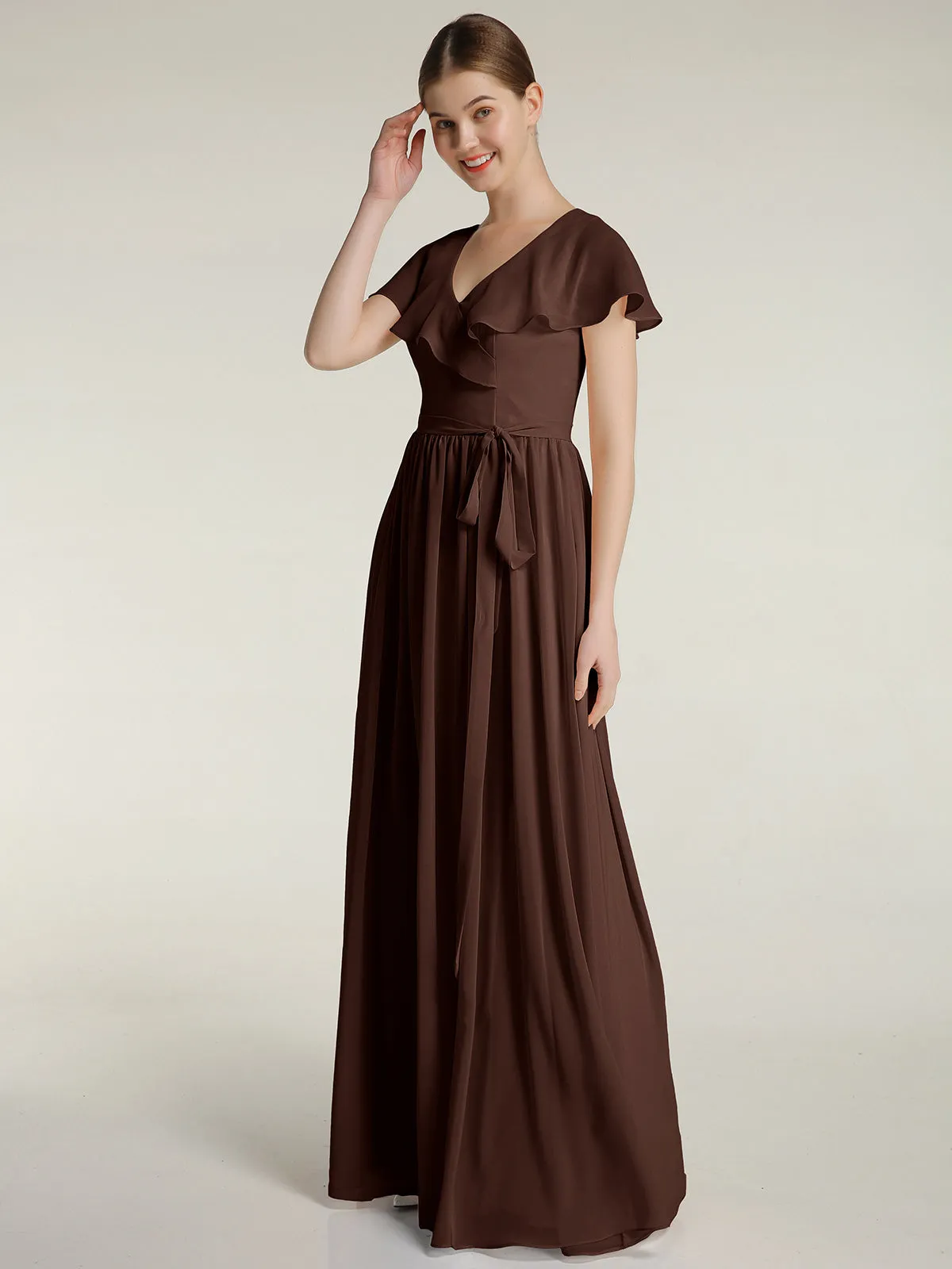 Cap Sleeves Long Chiffon Dresses with Slit-Chocolate Plus Size