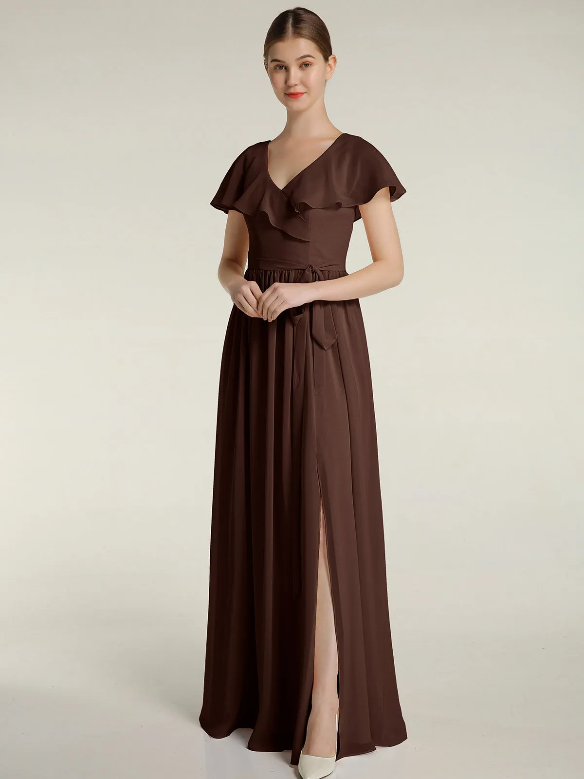 Cap Sleeves Long Chiffon Dresses with Slit-Chocolate Plus Size