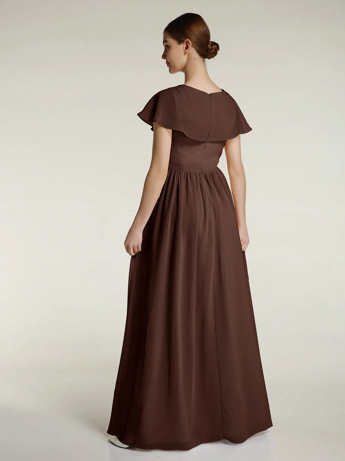 Cap Sleeves Long Chiffon Dresses with Slit-Chocolate Plus Size