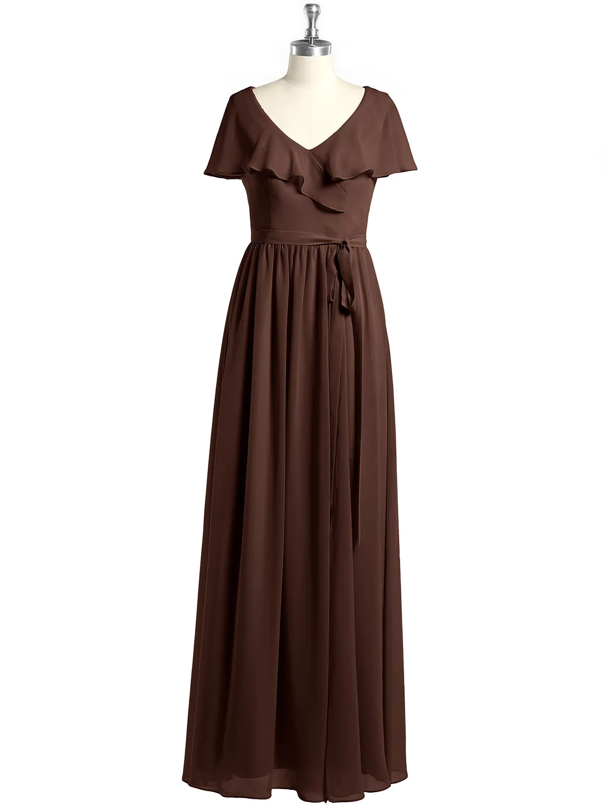 Cap Sleeves Long Chiffon Dresses with Slit-Chocolate Plus Size