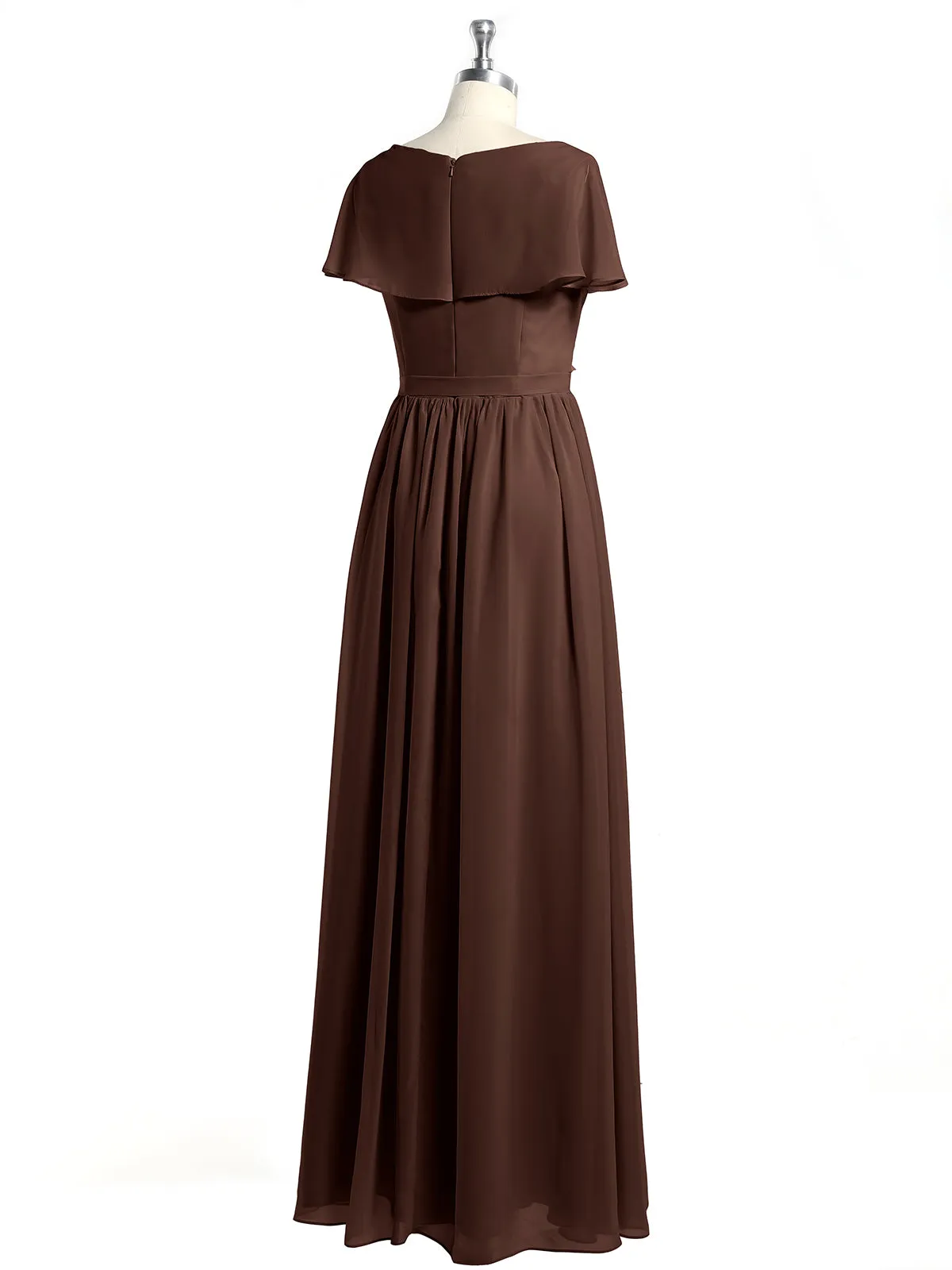 Cap Sleeves Long Chiffon Dresses with Slit-Chocolate Plus Size