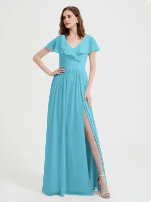 Cap Sleeves Long Chiffon Dresses with Slit-Pool Plus Size