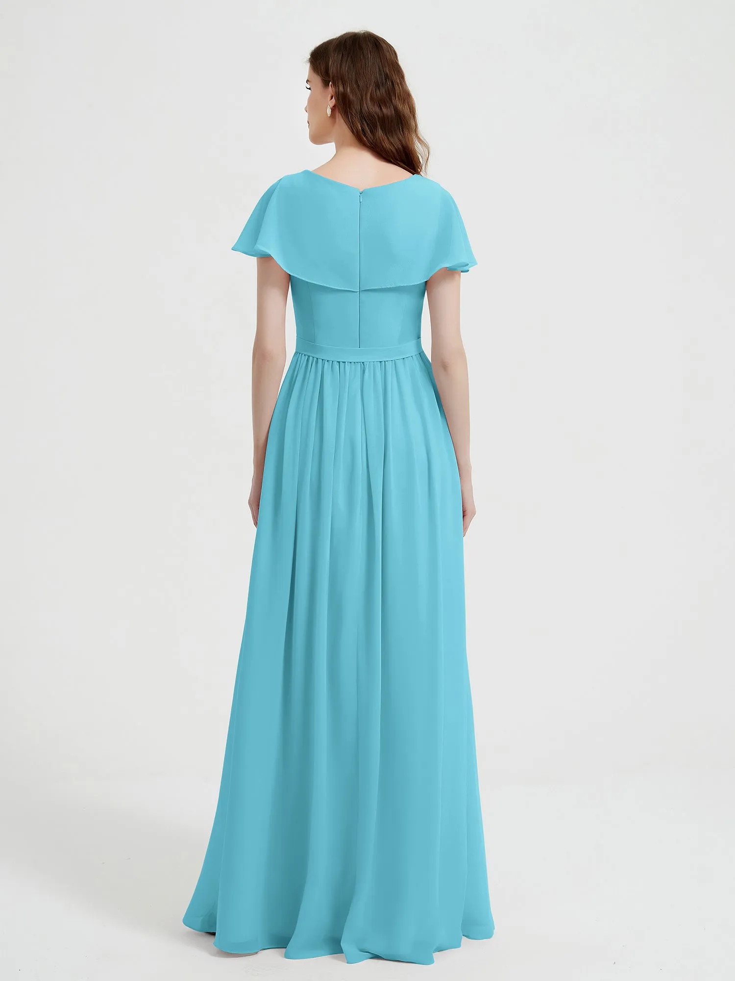Cap Sleeves Long Chiffon Dresses with Slit-Pool Plus Size