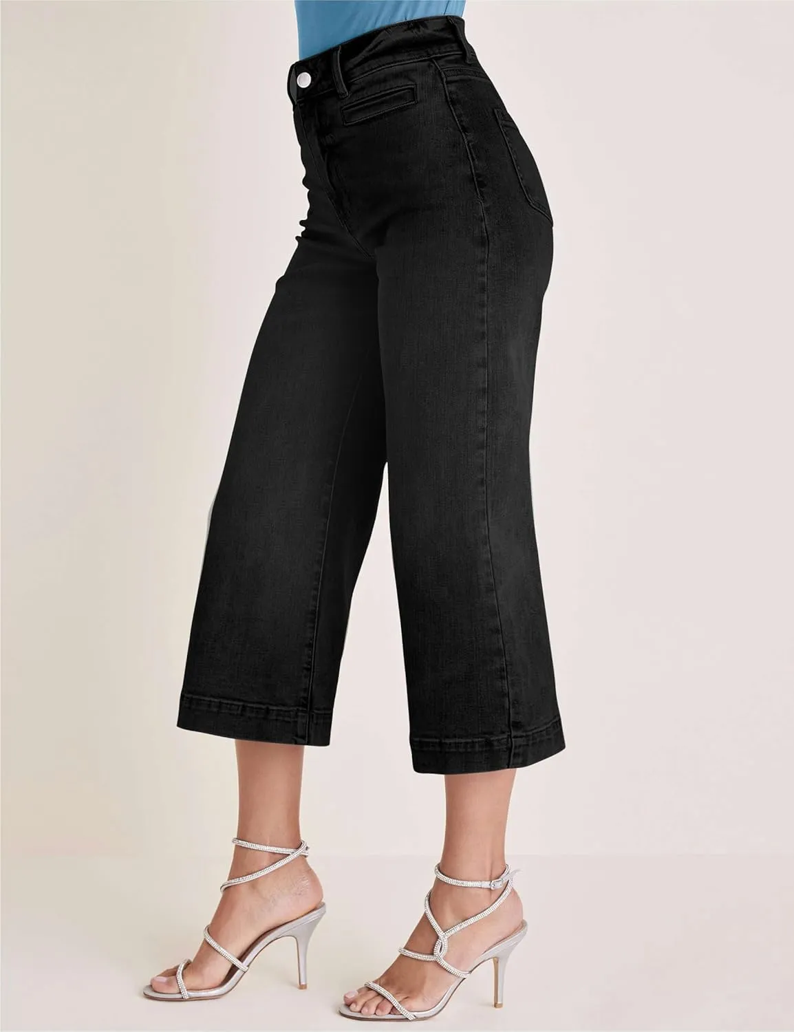 Capri Jeans for Women High Waisted Wide Leg Capri Pants Strechy Loose Denim Capris with Pockets