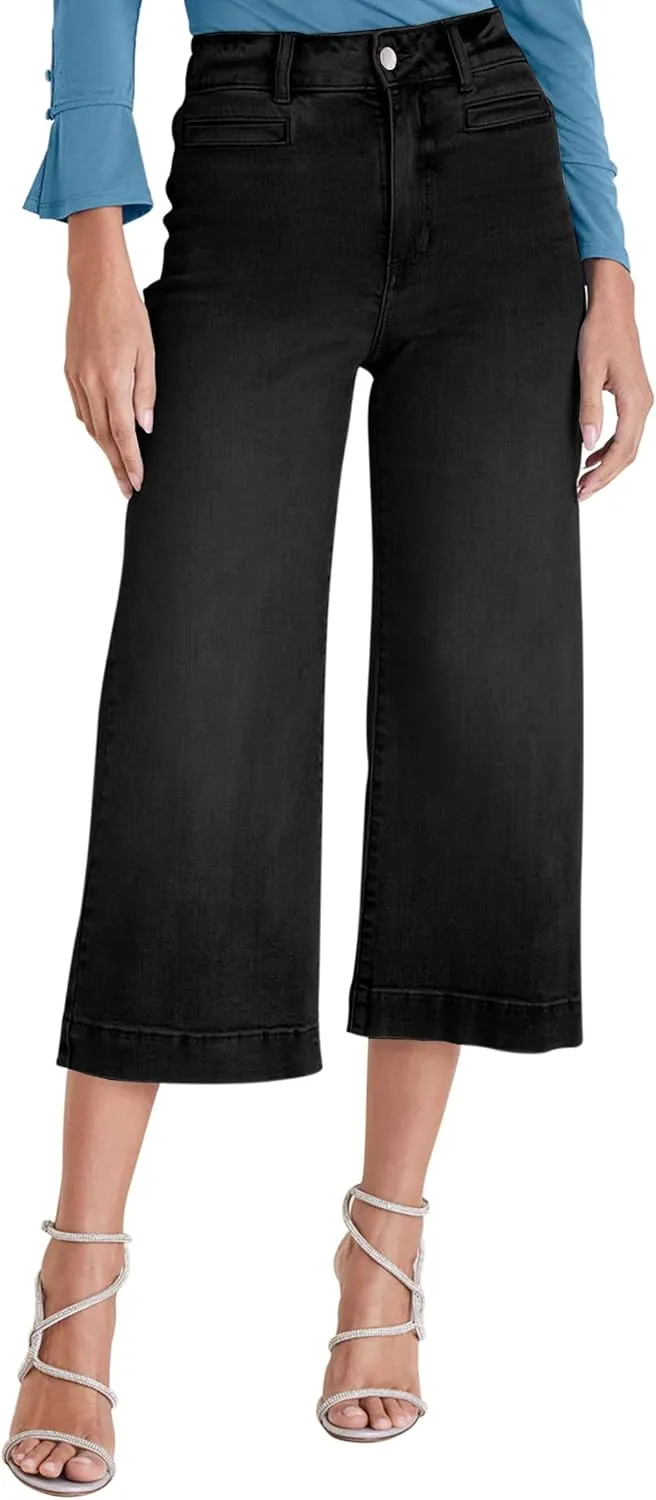 Capri Jeans for Women High Waisted Wide Leg Capri Pants Strechy Loose Denim Capris with Pockets