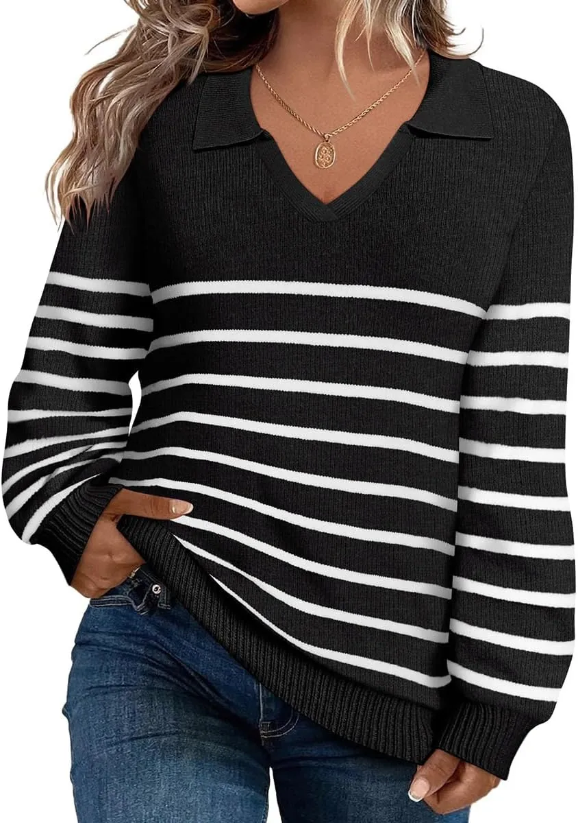 CARCOS Plus Size Sweaters for Women Long Sleeve Pullover Sweaters Lapel Collared Vneck Knit Jumper Tops Fall Winter XL-5XL