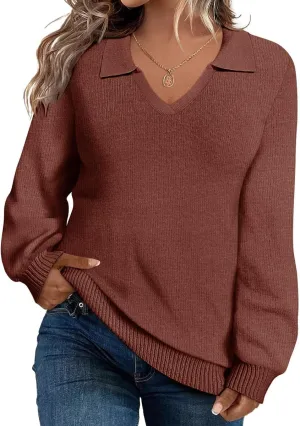 CARCOS Plus Size Sweaters for Women Long Sleeve Pullover Sweaters Lapel Collared Vneck Knit Jumper Tops Fall Winter XL-5XL