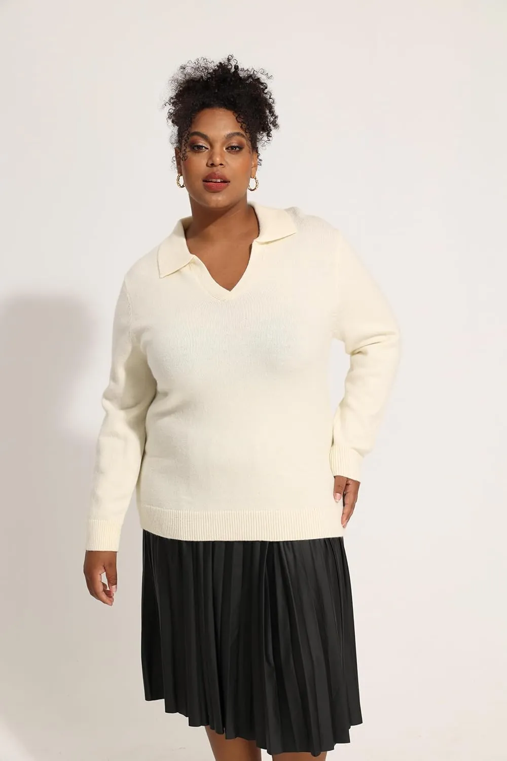 CARCOS Plus Size Sweaters for Women Long Sleeve Pullover Sweaters Lapel Collared Vneck Knit Jumper Tops Fall Winter XL-5XL
