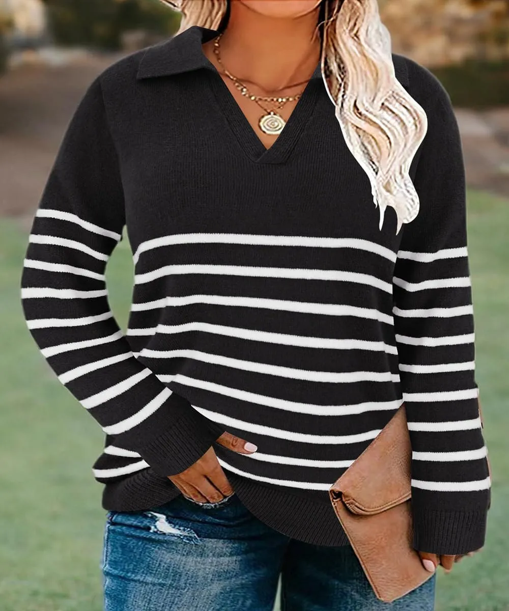 CARCOS Plus Size Sweaters for Women Long Sleeve Pullover Sweaters Lapel Collared Vneck Knit Jumper Tops Fall Winter XL-5XL