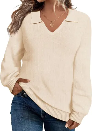CARCOS Plus Size Sweaters for Women Long Sleeve Pullover Sweaters Lapel Collared Vneck Knit Jumper Tops Fall Winter XL-5XL