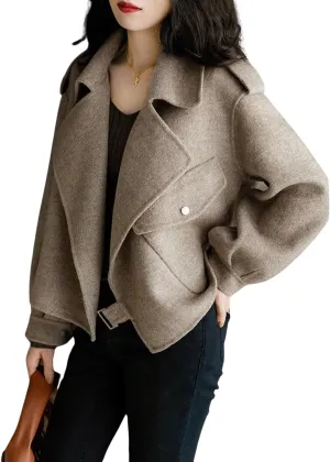 CHARTOU Womens Cropped Wool Jacket Blazer Notched Lapel 1 Pocket Casual Pea Coat Tweed Trench Coat Woolen Blend Overcoat