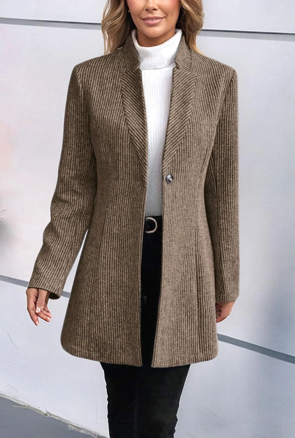 CHARTOU Womens Long Sleeve Casual Wool Jacket Blazer 1 Button Winter Coat Mid-Long Stand Collar Open Front Overcoat