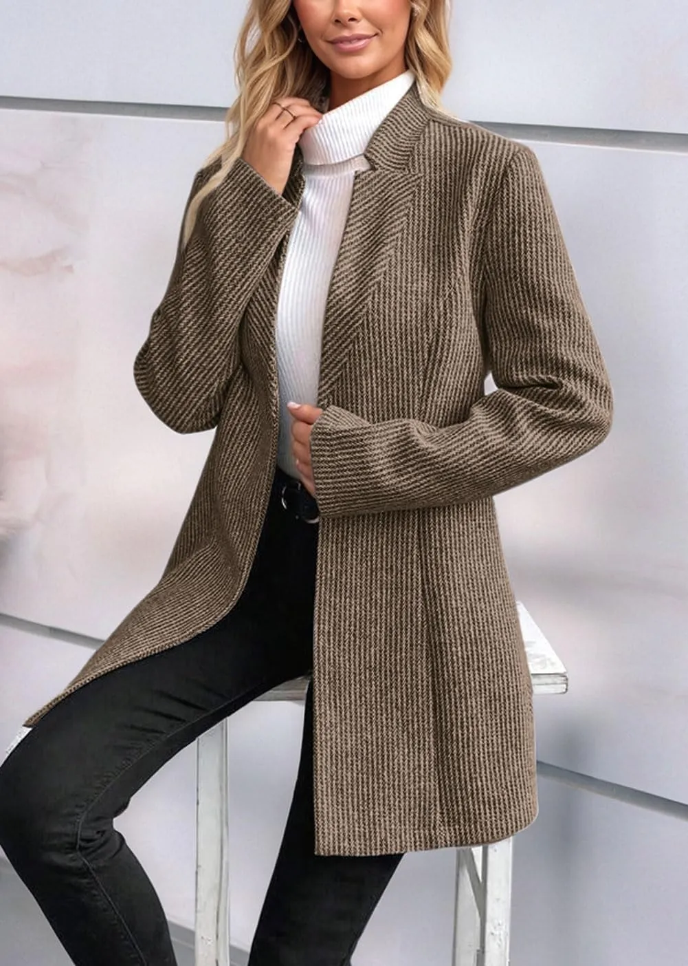 CHARTOU Womens Long Sleeve Casual Wool Jacket Blazer 1 Button Winter Coat Mid-Long Stand Collar Open Front Overcoat