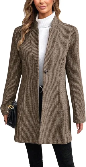 CHARTOU Womens Long Sleeve Casual Wool Jacket Blazer 1 Button Winter Coat Mid-Long Stand Collar Open Front Overcoat