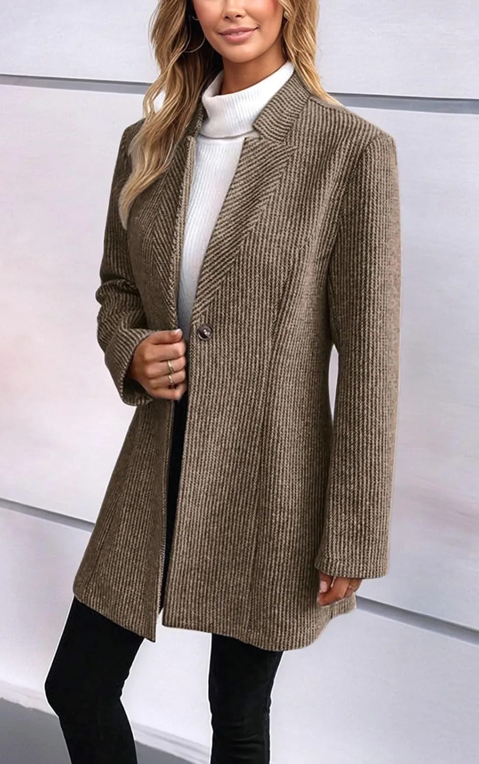 CHARTOU Womens Long Sleeve Casual Wool Jacket Blazer 1 Button Winter Coat Mid-Long Stand Collar Open Front Overcoat
