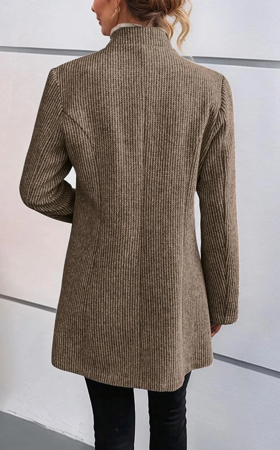 CHARTOU Womens Long Sleeve Casual Wool Jacket Blazer 1 Button Winter Coat Mid-Long Stand Collar Open Front Overcoat