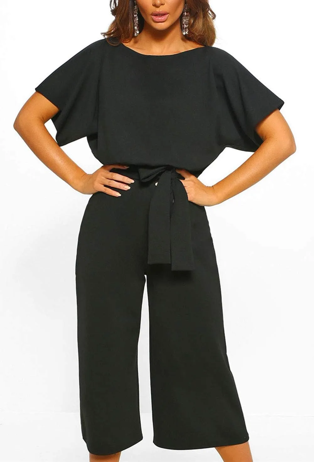 CHARTOU Women's Short Sleeve Bow Tie Wide Leg Cropped Capri Romper Palazzo Pants Jumpsuit