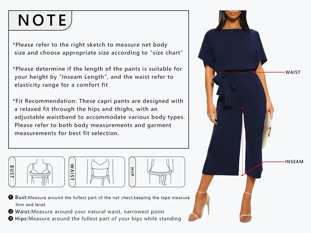 CHARTOU Women's Short Sleeve Bow Tie Wide Leg Cropped Capri Romper Palazzo Pants Jumpsuit