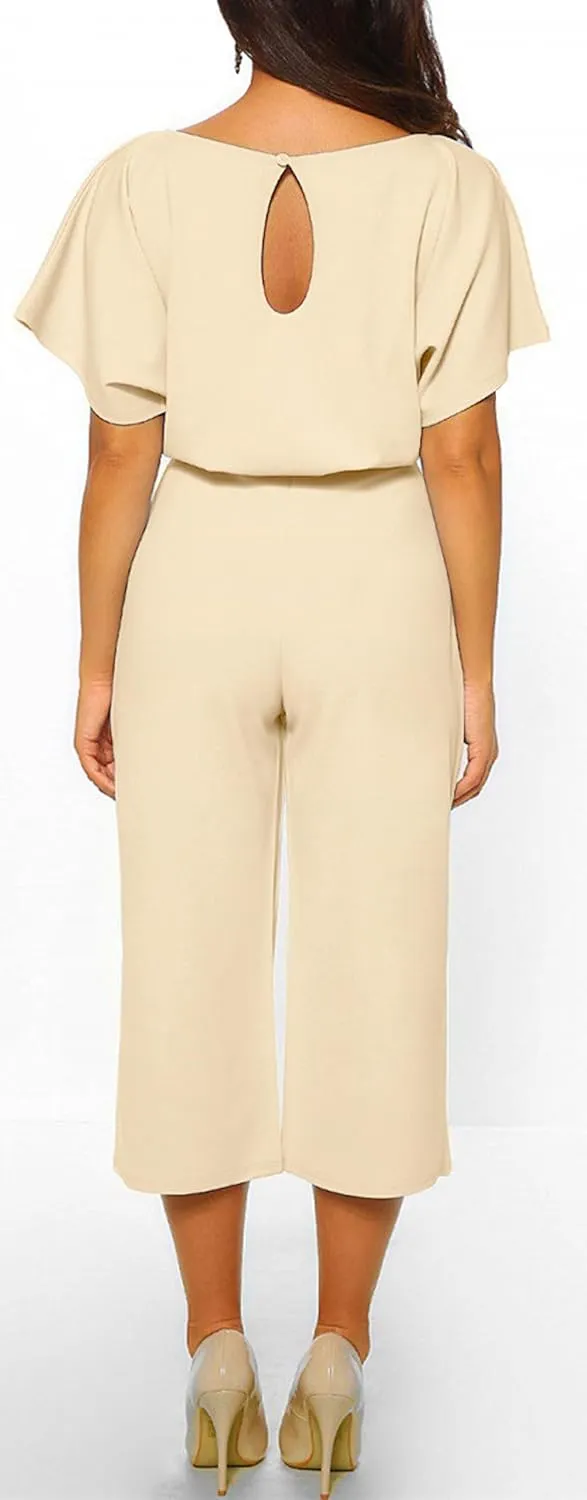 CHARTOU Women's Short Sleeve Bow Tie Wide Leg Cropped Capri Romper Palazzo Pants Jumpsuit