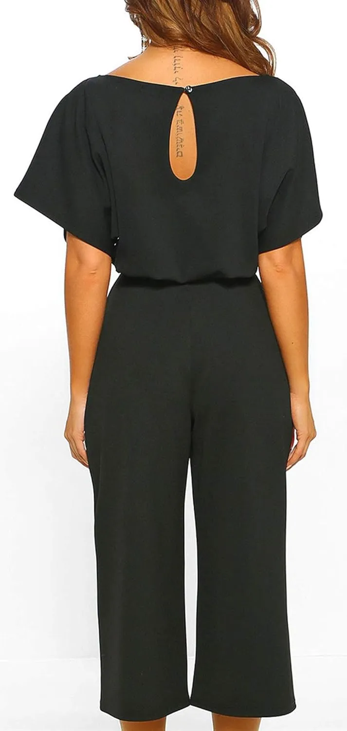 CHARTOU Women's Short Sleeve Bow Tie Wide Leg Cropped Capri Romper Palazzo Pants Jumpsuit