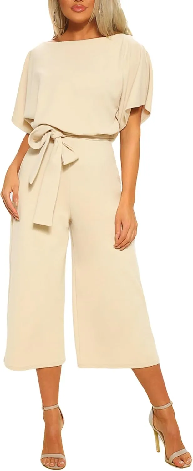 CHARTOU Women's Short Sleeve Bow Tie Wide Leg Cropped Capri Romper Palazzo Pants Jumpsuit