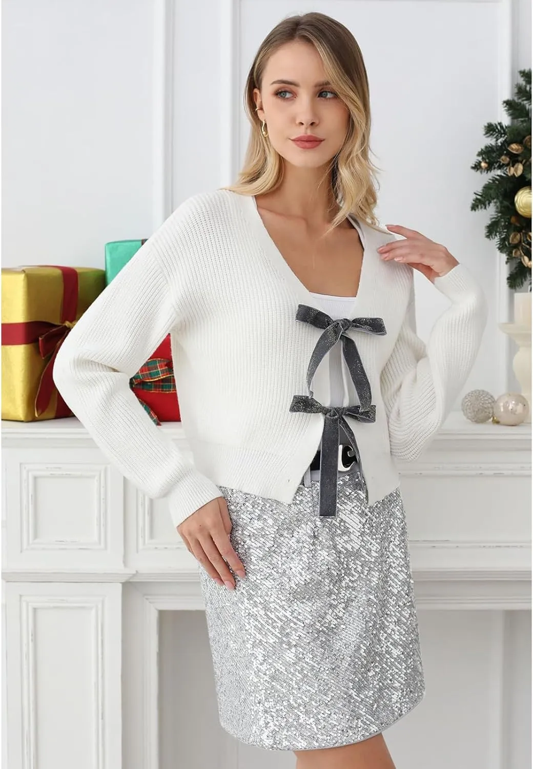 CHICWISH Women Velvet Tie Front Crop Ribbed Knit Cardigan Sweaters V Neck Long Sleeves Trendy Fall Winter Casual Tops