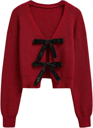 CHICWISH Women Velvet Tie Front Crop Ribbed Knit Cardigan Sweaters V Neck Long Sleeves Trendy Fall Winter Casual Tops