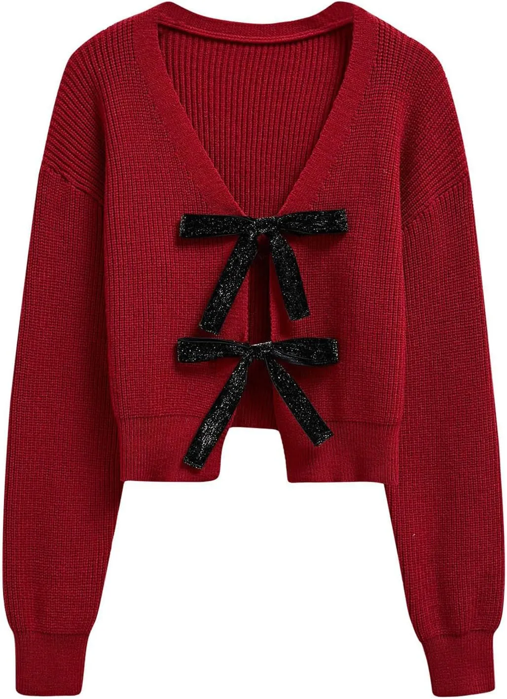 CHICWISH Women Velvet Tie Front Crop Ribbed Knit Cardigan Sweaters V Neck Long Sleeves Trendy Fall Winter Casual Tops