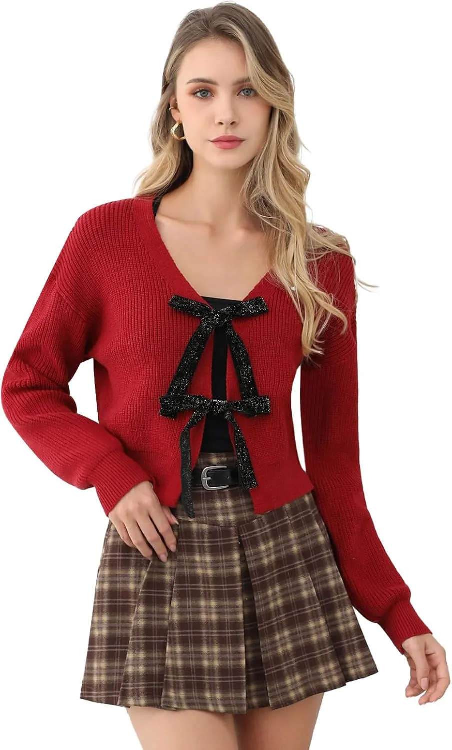 CHICWISH Women Velvet Tie Front Crop Ribbed Knit Cardigan Sweaters V Neck Long Sleeves Trendy Fall Winter Casual Tops