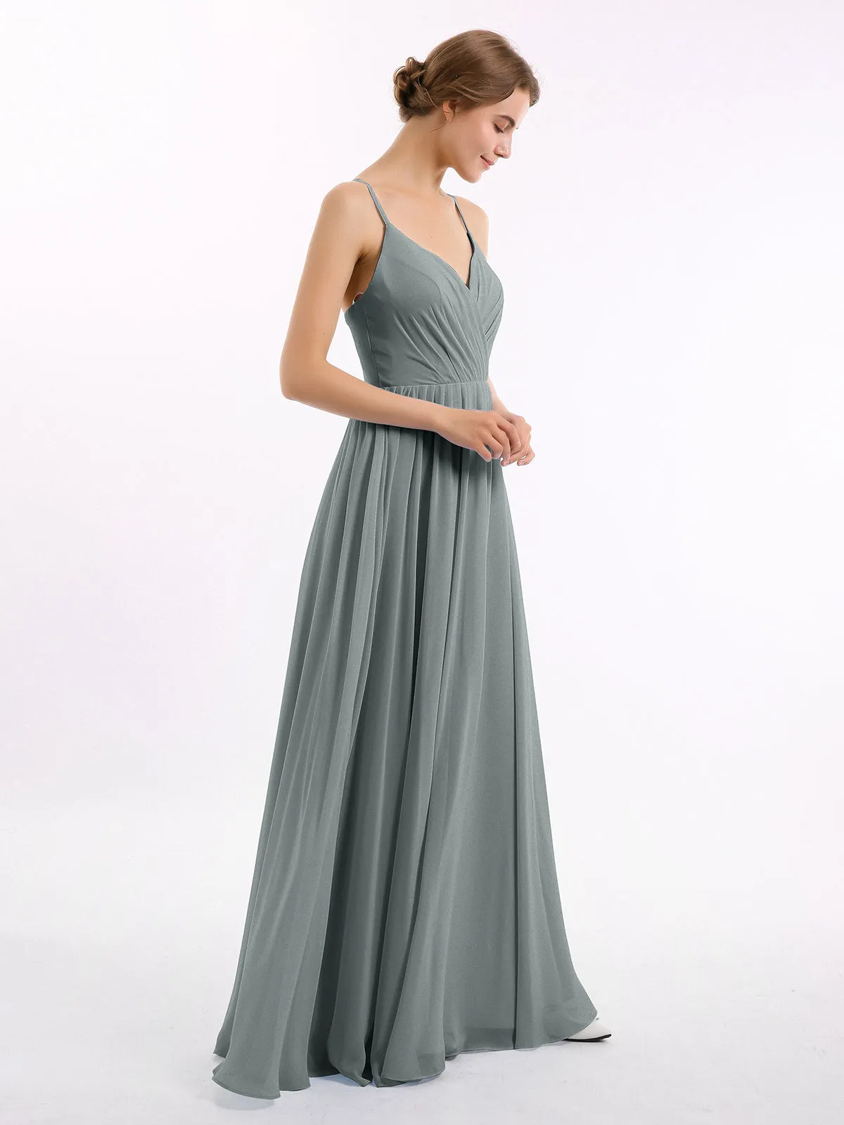 Chiffon Bridesmaid Dresses with Spaghetti Straps-Steel Grey