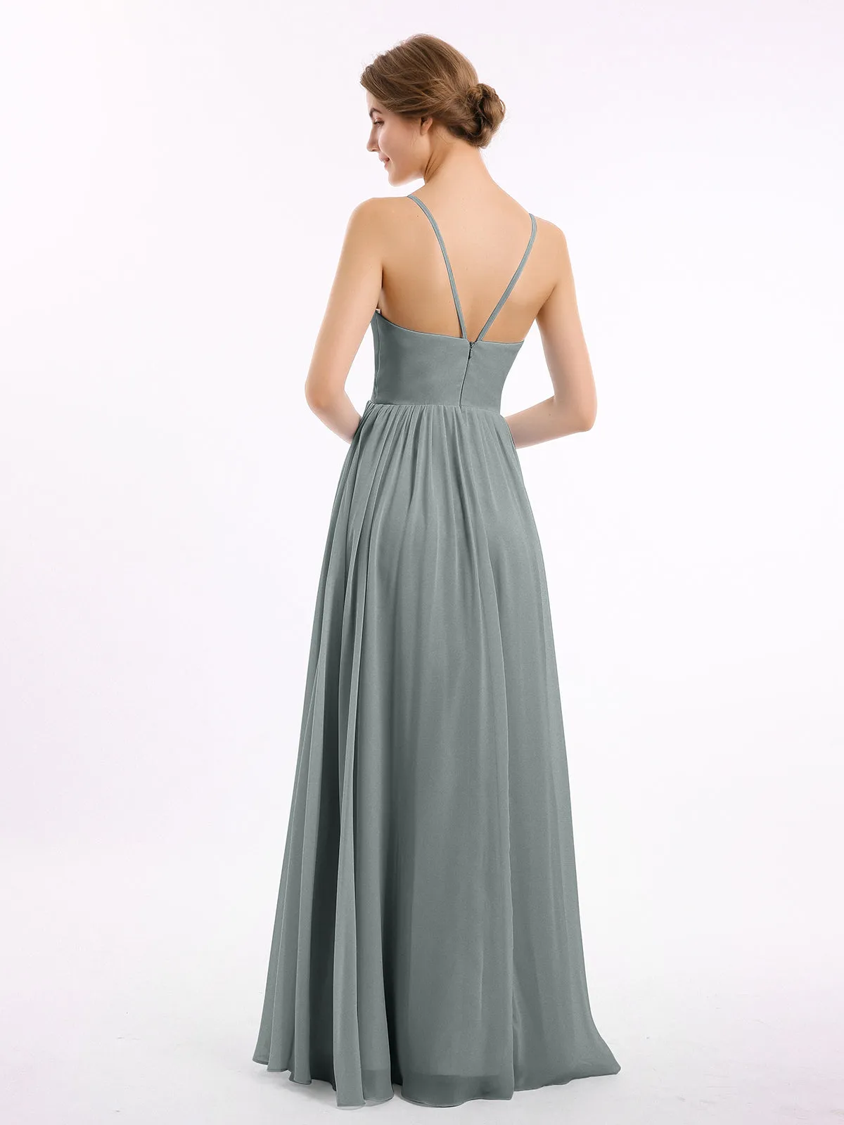 Chiffon Bridesmaid Dresses with Spaghetti Straps-Steel Grey
