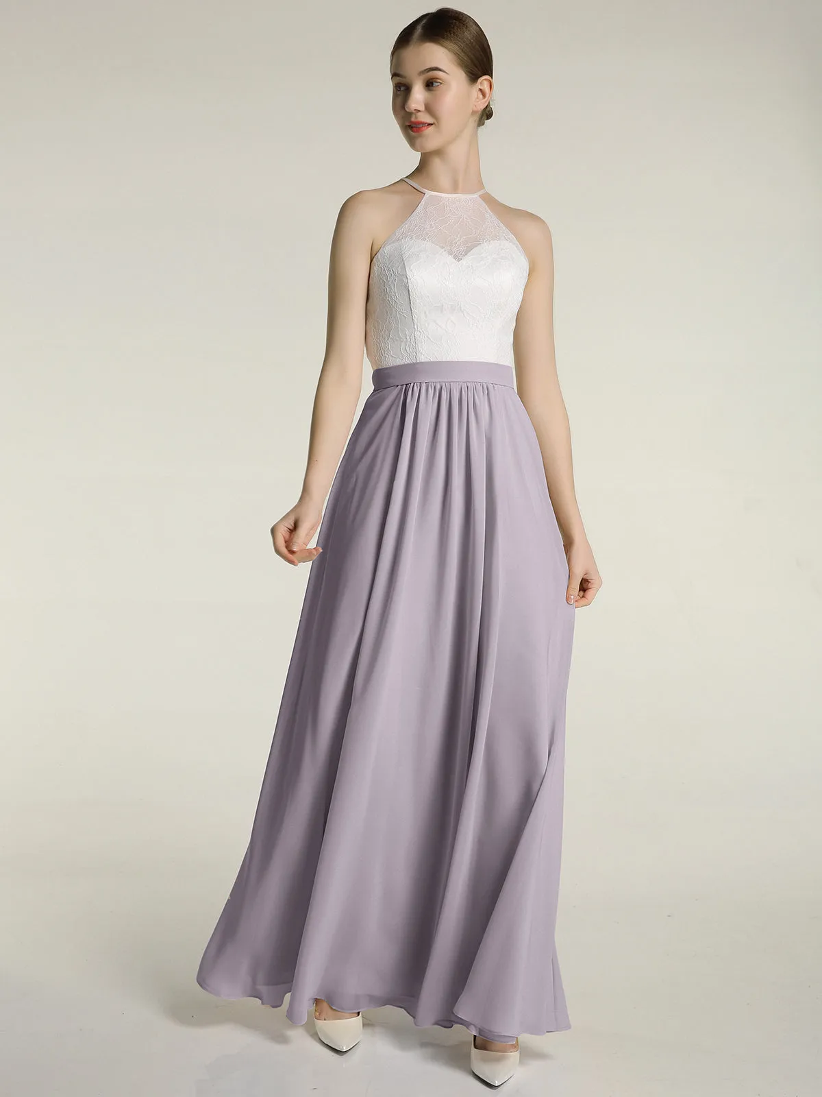 Chiffon Long Dresses with Ivory Lace Bodice-Dusk Plus Size