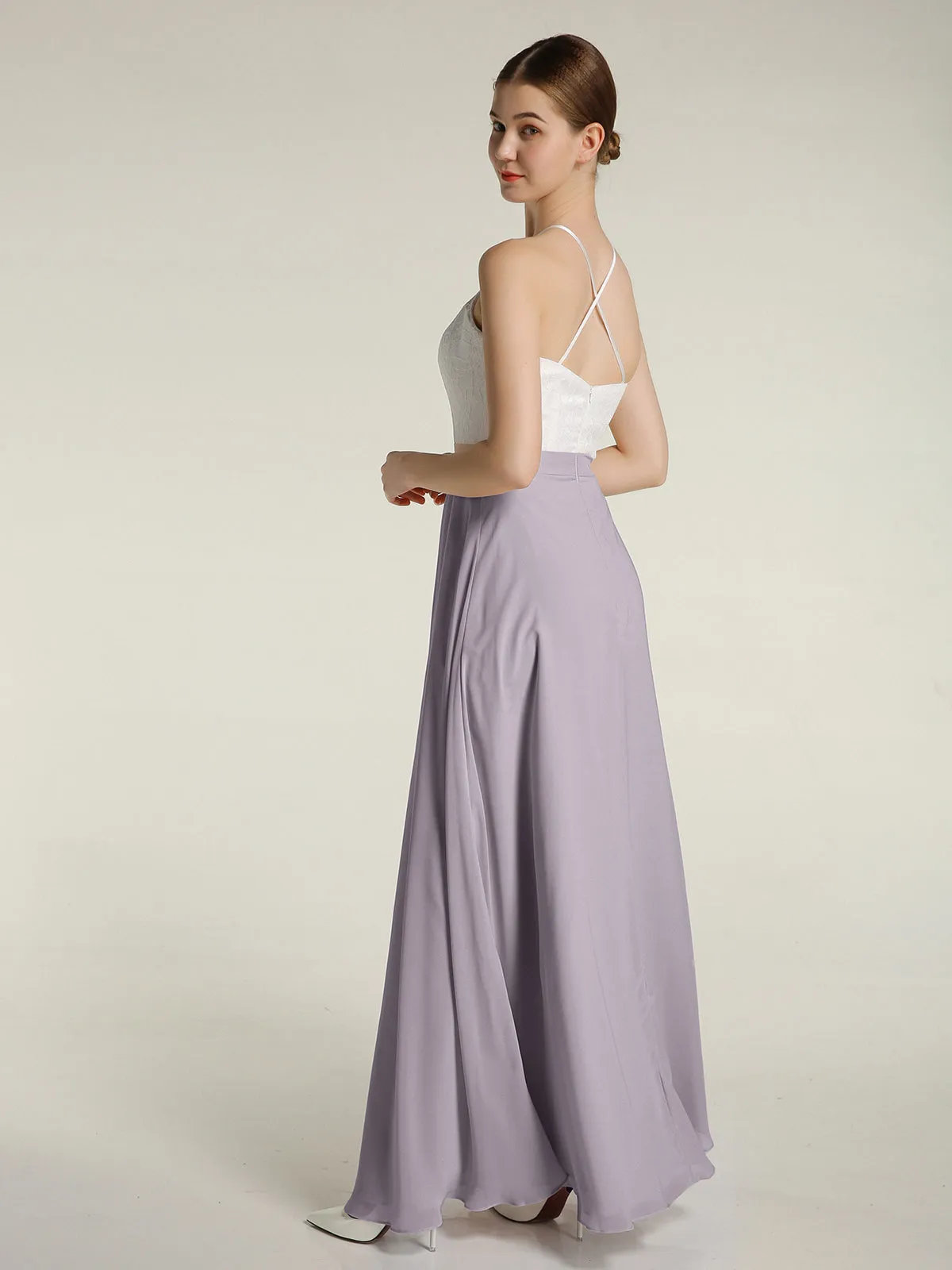 Chiffon Long Dresses with Ivory Lace Bodice-Dusk Plus Size