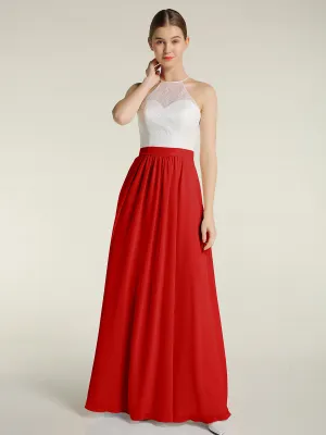 Chiffon Long Dresses with Ivory Lace Bodice-Red