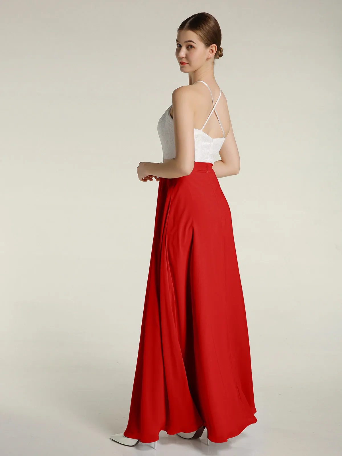 Chiffon Long Dresses with Ivory Lace Bodice-Red