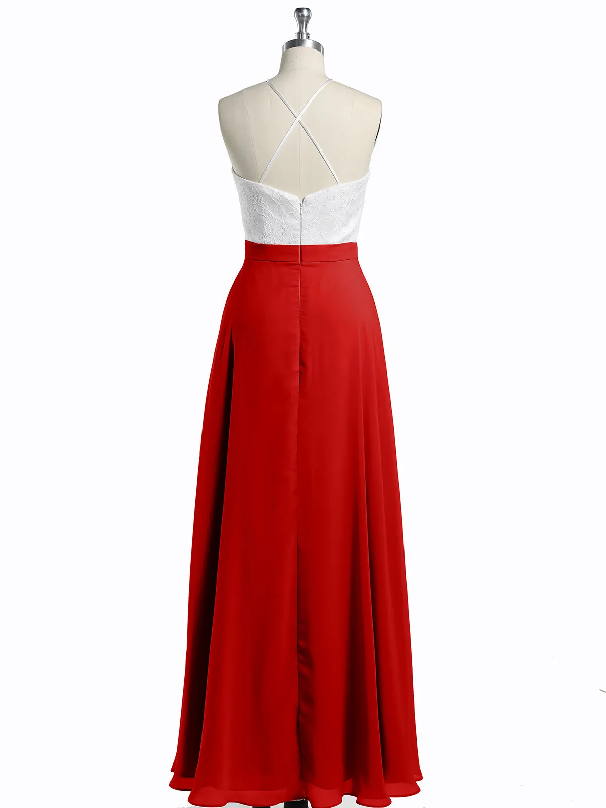 Chiffon Long Dresses with Ivory Lace Bodice-Red