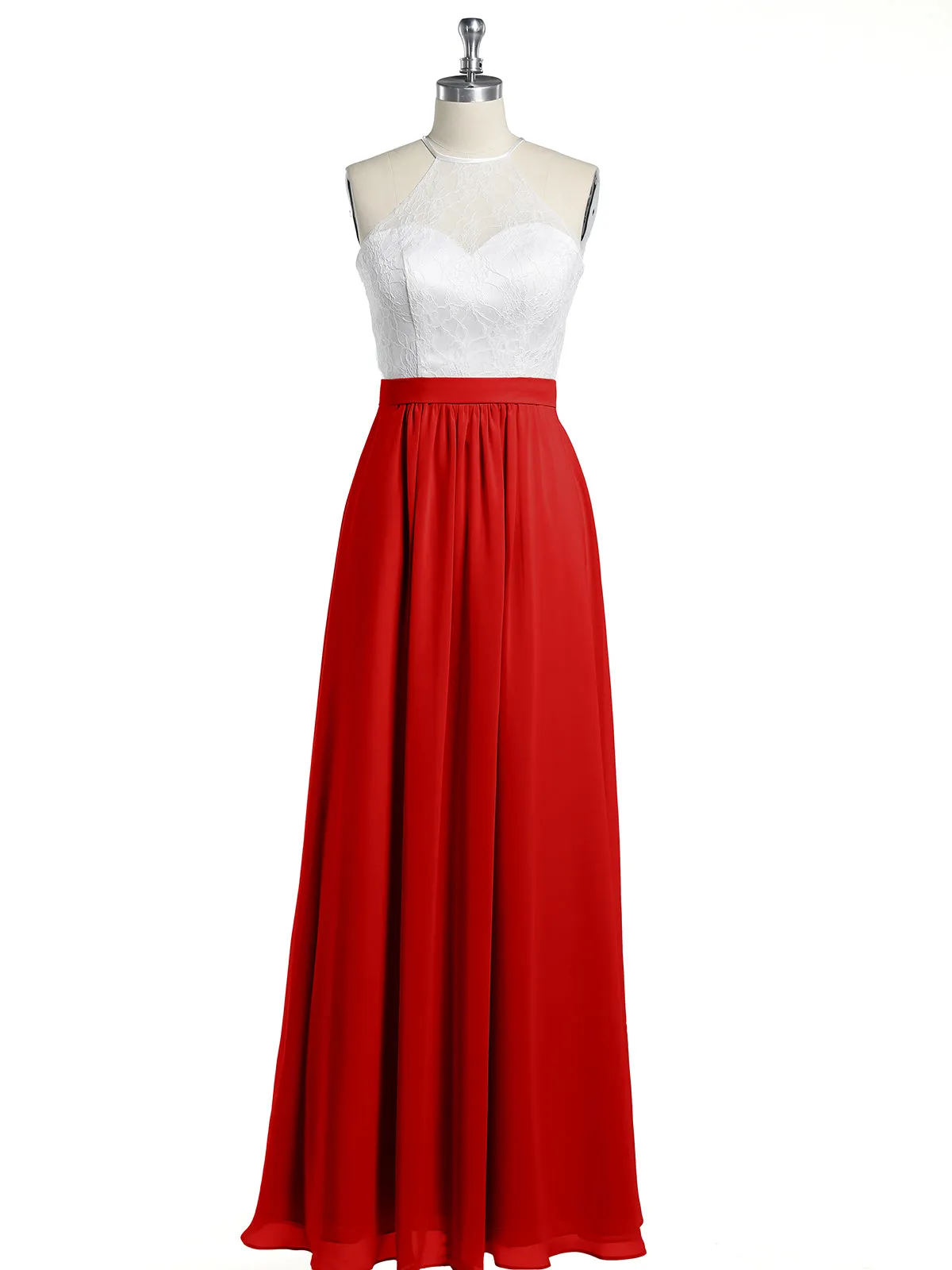 Chiffon Long Dresses with Ivory Lace Bodice-Red