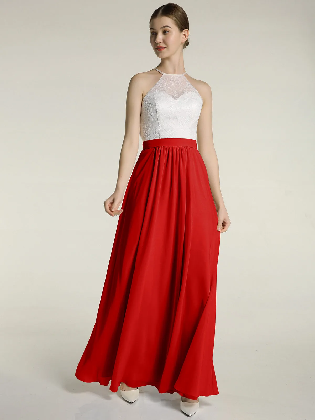 Chiffon Long Dresses with Ivory Lace Bodice-Red