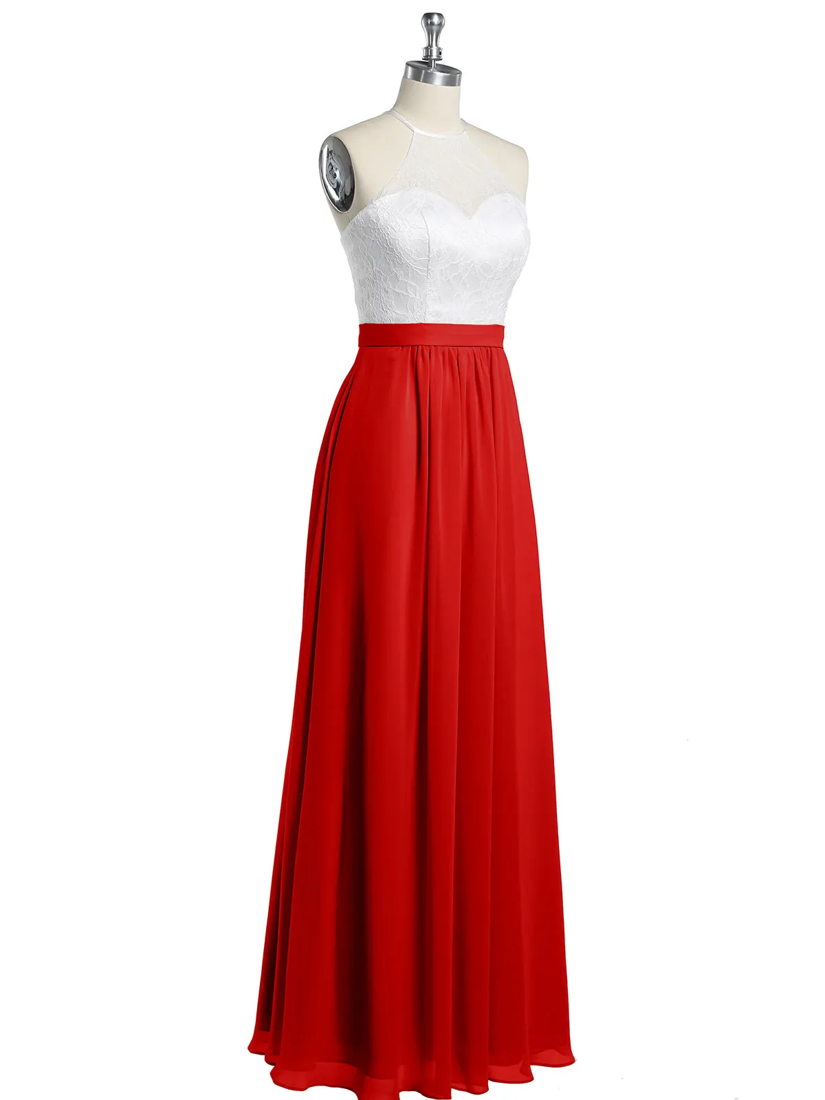 Chiffon Long Dresses with Ivory Lace Bodice-Red