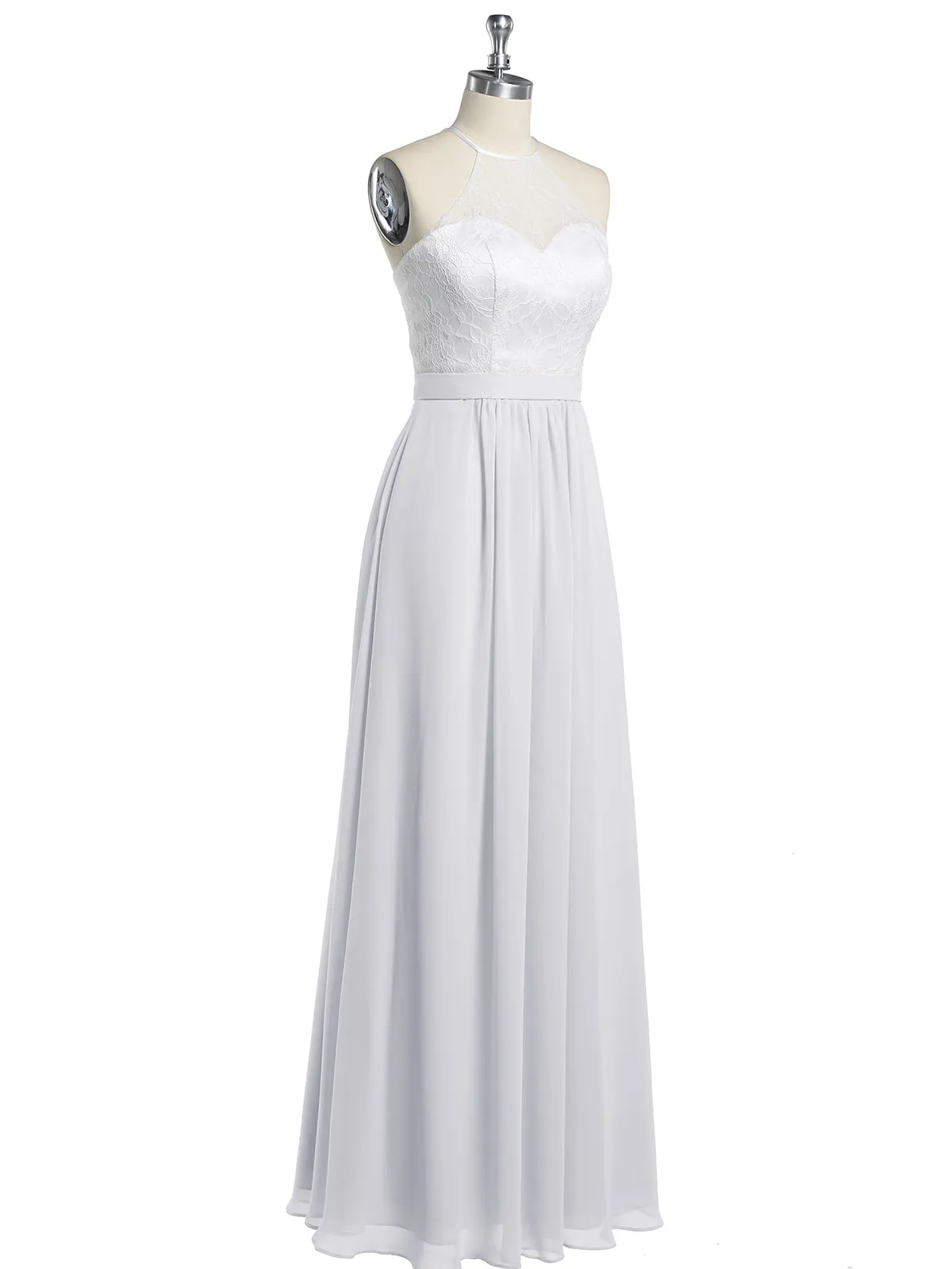 Chiffon Long Dresses with Ivory Lace Bodice-White