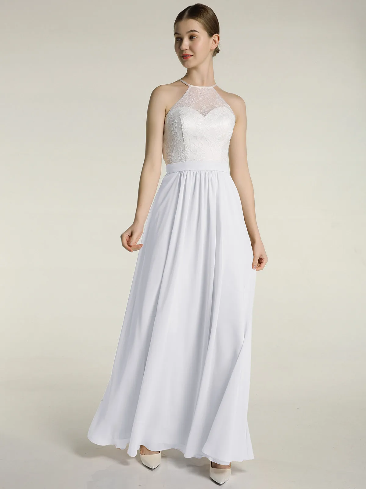 Chiffon Long Dresses with Ivory Lace Bodice-White