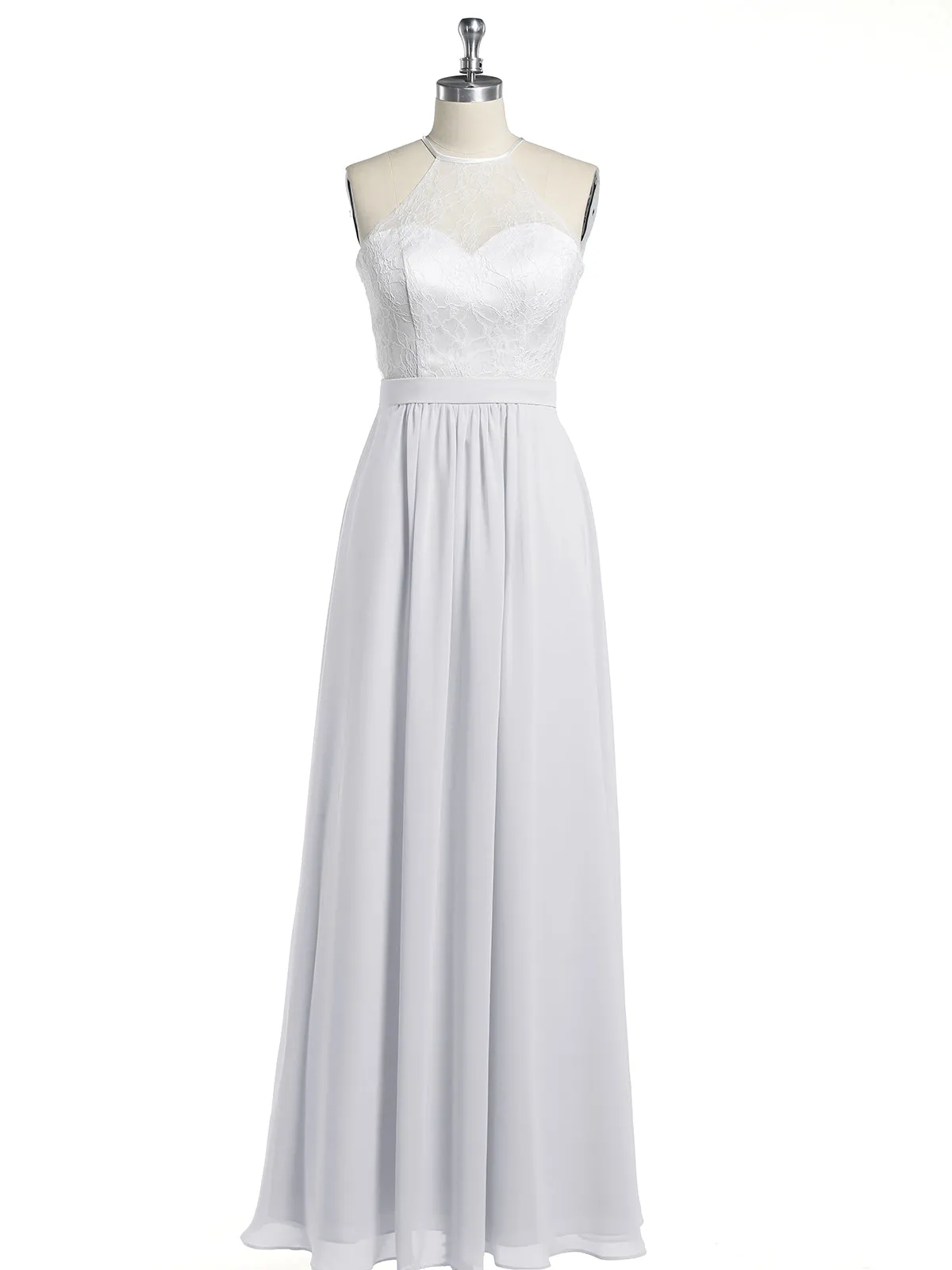 Chiffon Long Dresses with Ivory Lace Bodice-White