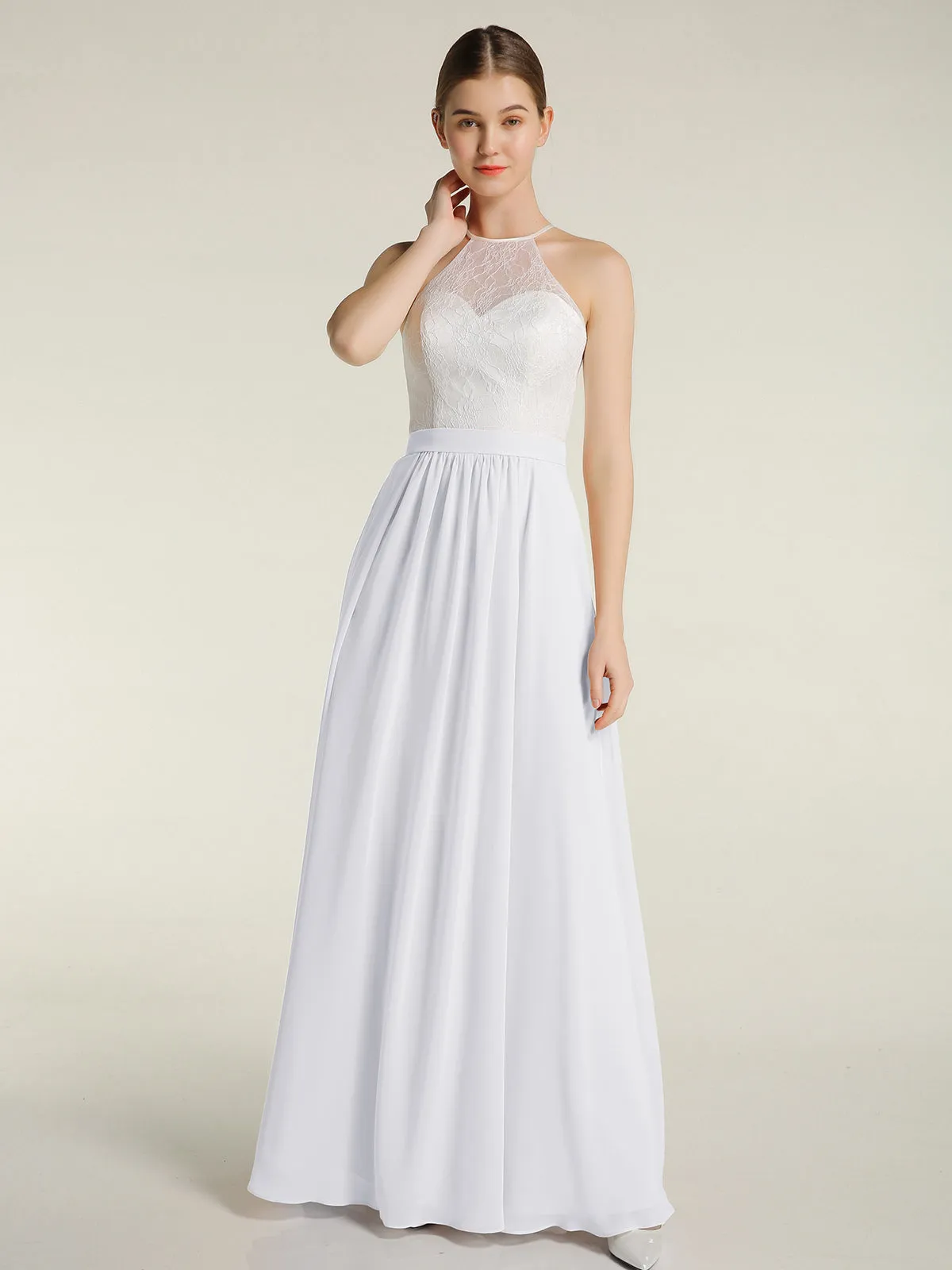Chiffon Long Dresses with Ivory Lace Bodice-White