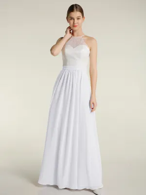 Chiffon Long Dresses with Ivory Lace Bodice-White