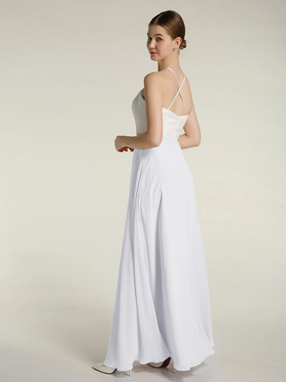 Chiffon Long Dresses with Ivory Lace Bodice-White