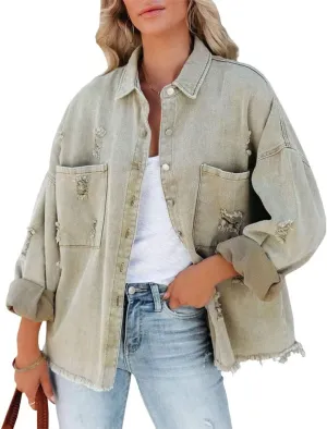 chouyatou Women's Frayed Ripped Holes Long Sleeve Button Down Oversized Denim Trucker Jacket